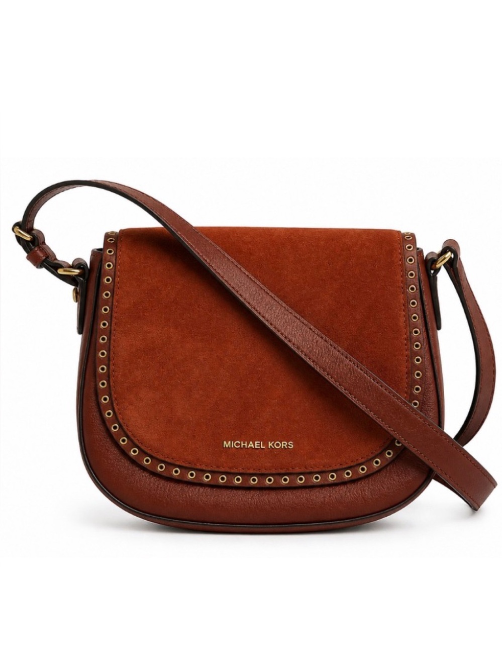 Michael Kors Brown Leather Suede Studded Saddle Crossbody Bag Boho Chic ✨NEW